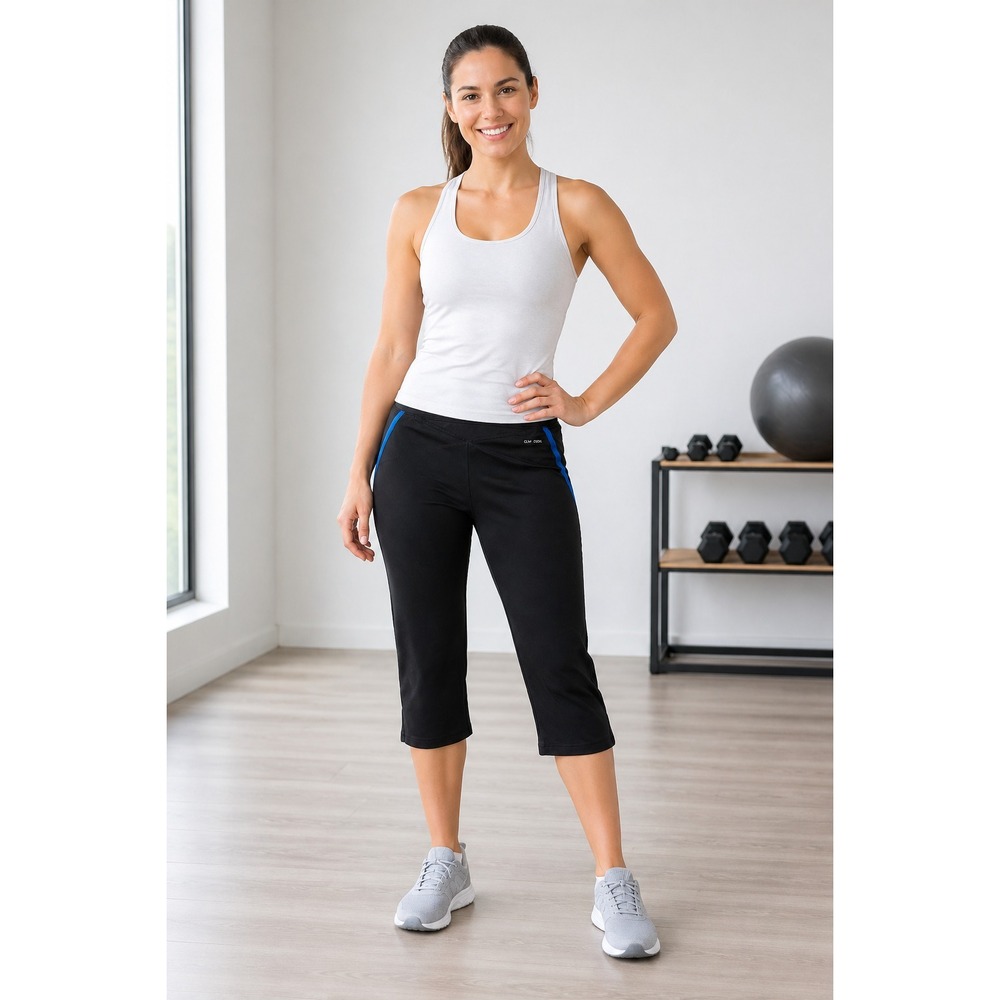 Adidas Athletic Capri Pants Womens 8 Black Polyester Blue Trim Mesh Panel